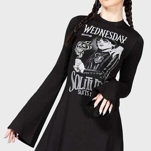 killstar wednesday addamns black midi skater dress flared sleeve